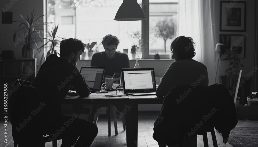 Poster three individuals are seated at a table, using laptops and working together in a well-lit room with 