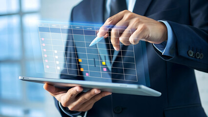 Professional businessman analyzing financial data on tablet, using digital interface to make key...