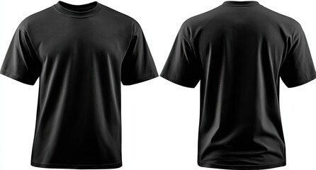Front and back view of a plain black t-shirt