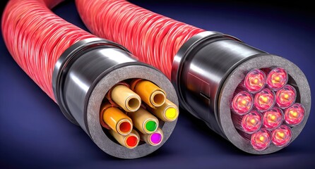 Close-up of a fiber optic cable connector with multiple strands