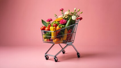 A full shopping cart overflows with fresh produce and blooms, presented on a pink background.