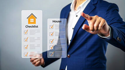 Real estate agent points to modern house checklist, ensuring smooth property purchase and happy home ownership for families and investors alike