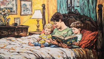 A woman sits on a bed with her two young sons, reading a book to them; the setting is a bedroom with warm lighting and a yellow wall.