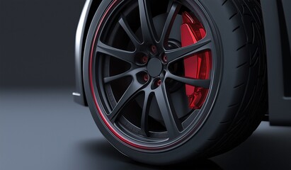 Elegant matte gray five-dish rim with black wheel and red caliper, showcasing a close-up of stylish automotive design
