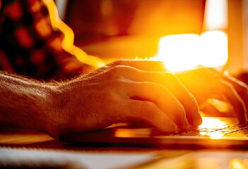 Close-up of hands typing on a laptop in warm sunlight