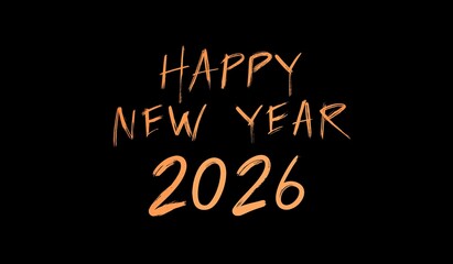 Handwritten "Happy New Year 2026" in vibrant orange text on bold black background, celebrating with artistic typography and festive contrast