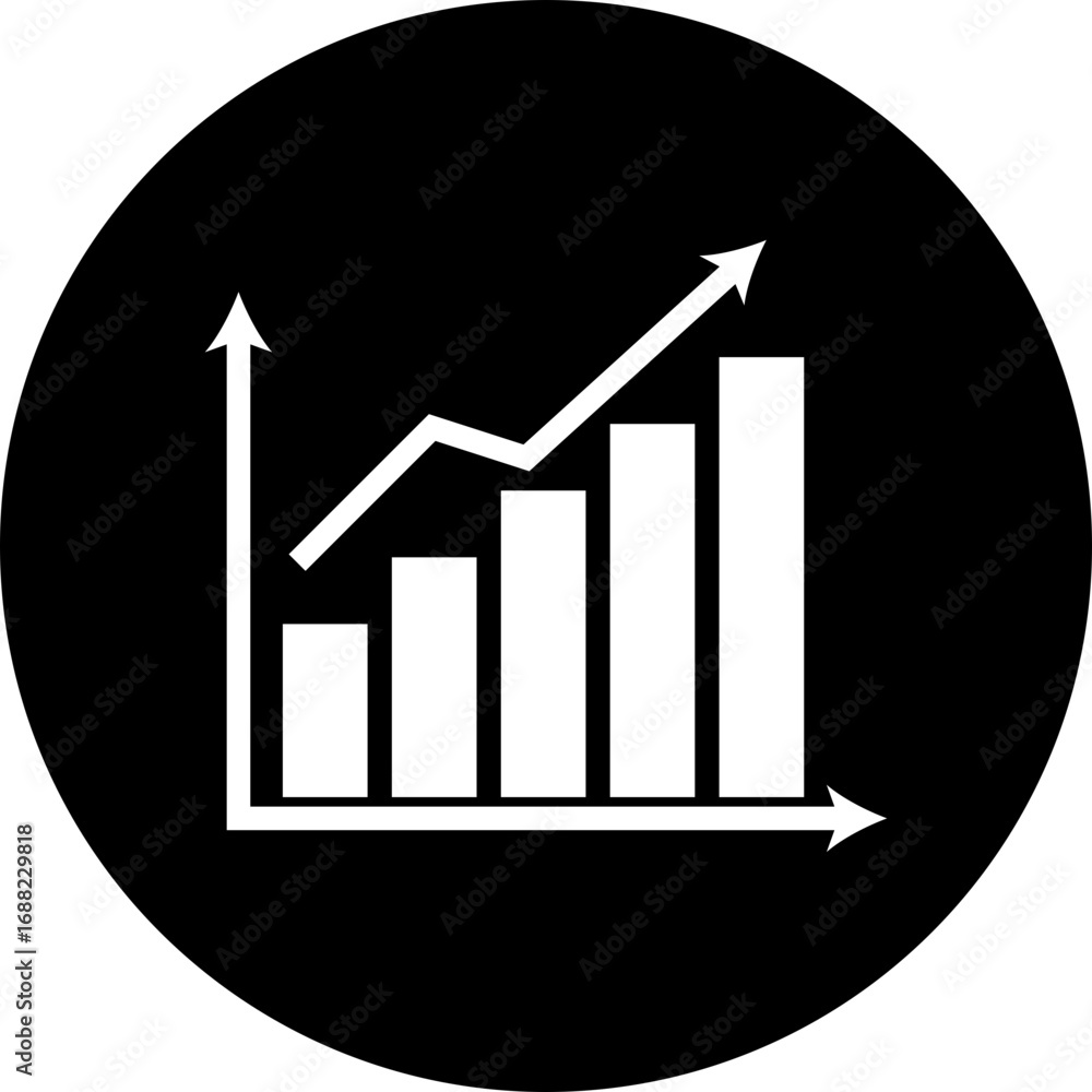 Poster white bar chart with upward trending line on a black circular background representing growth and suc