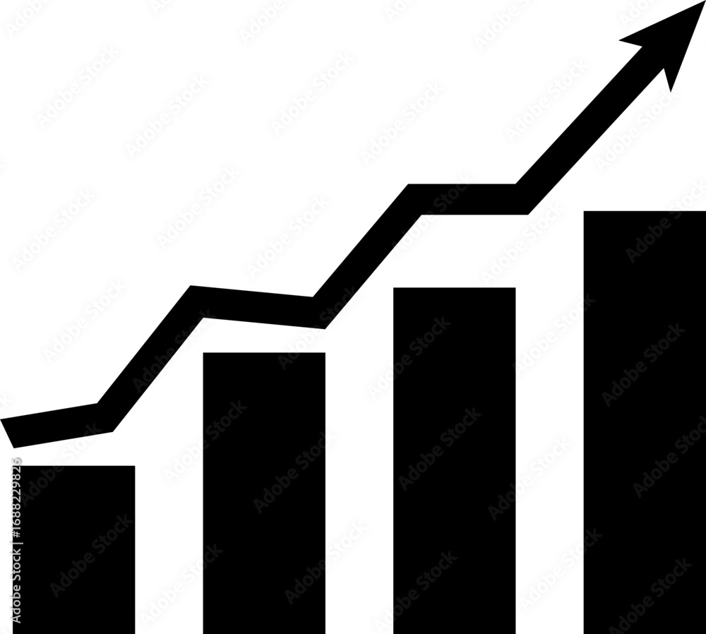 Poster black bar graph with an arrow trending upwards showing positive growth and increasing values shown h