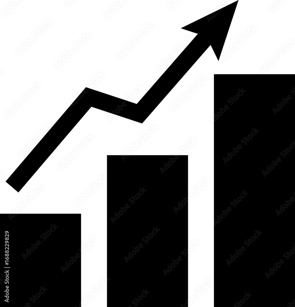Poster black illustration of a rising graph with three bars and an arrow pointing upwards to the right