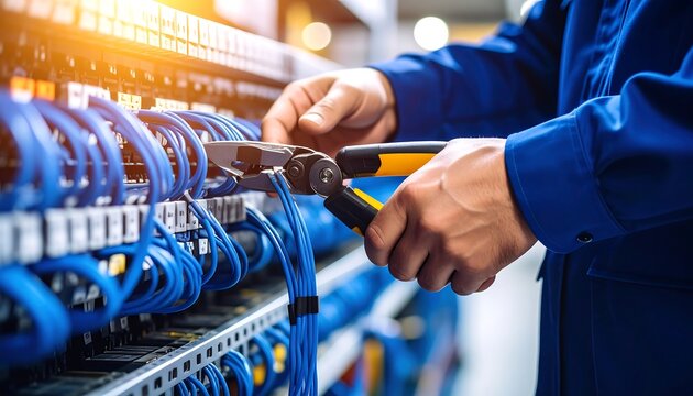 Technician working on network cables - Powered by Adobe