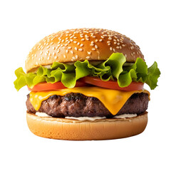 Delicious cheeseburger with beef patty isolated on transparent background