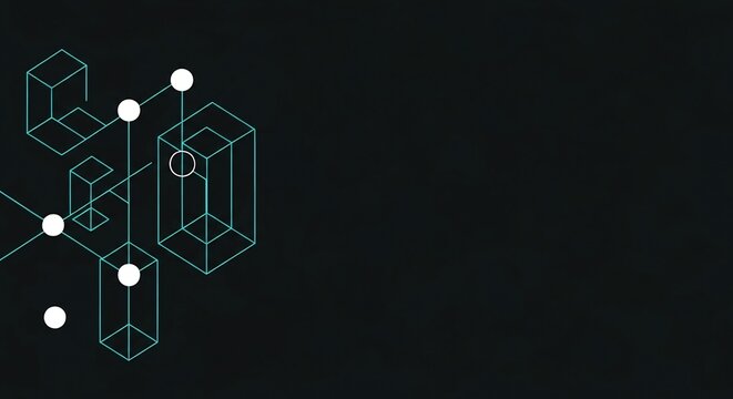 Futuristic technology background with an isometric network of wireframe cubes and data nodes. Abstract design for blockchain, systems, or data concepts. - Powered by Adobe