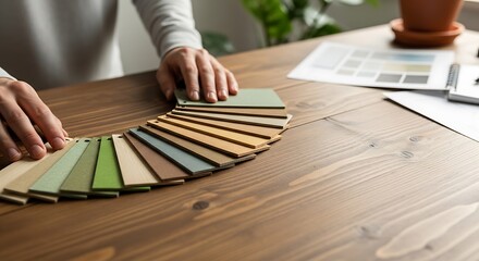 Person's hands holding a fan of various color and material samples on a rustic wooden table, likely for interior design or home improvement.