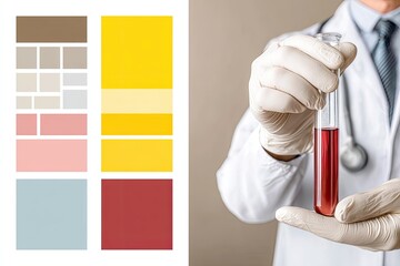 Color palette swatches beside a doctor holding a test tube with red liquid