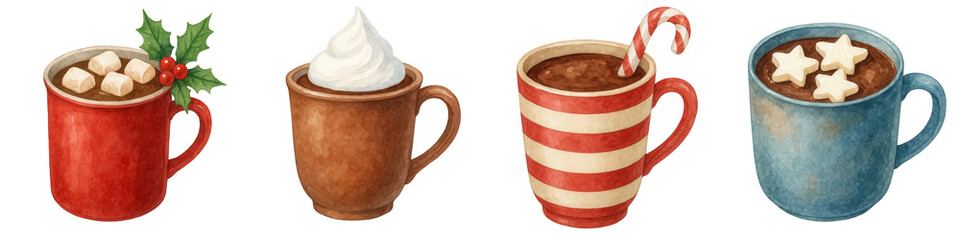 Christmas festival food drinks set with watercolor style cups filled with hot chocolate and whipped cream creating warm festive mood