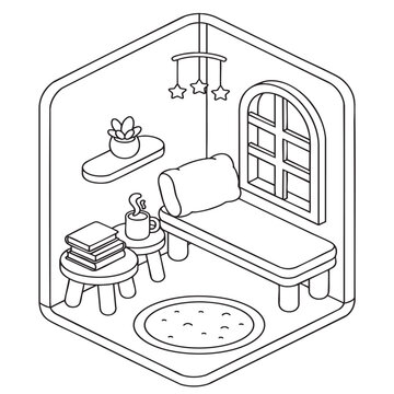 Isometric Window Reading Nook Coloring Page &ndash; Arched Window Seat, Books and Mug, Black and White Vector Line Art