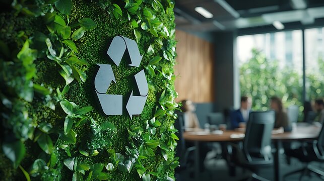 Recycle symbol on a living wall in an office with people at a meeting in the background
