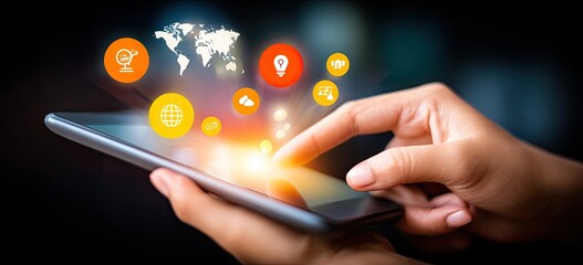 Close-up of a hand holding a smartphone with glowing app icons hovering above the screen