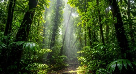 Fototapeta premium Lush Green Rainforest with Sunlight Streaming Through the Canopy.