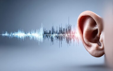 Close-up human ear with audio waves overlay