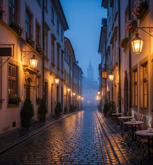 Charming cobblestone street scene in Prague at dusk, with warm light illuminating the cafes