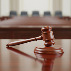 Wooden gavel on a table with a blurred courtroom background, legal justice concept