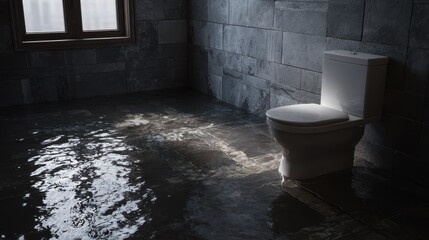 Beautiful photo of water overflowing toiliet down on to floor causing water damage , realistic style.