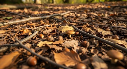 Autumn forest floor with fallen leaves acorns and small mushrooms in warm sunlight.