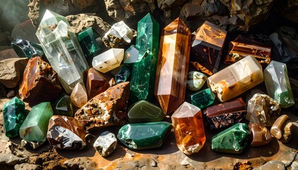 Colorful polished crystals and rough stones on a rocky surface