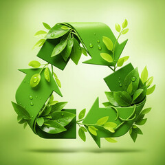 Lush green recycling symbol entwined with fresh leaves, representing the concept of environmental sustainability and ecological conservation