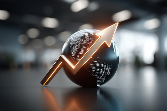 3D arrow pointing to a globe
A 3D arrow pointing to a glowing digital globe symbolizes business expansion and global reach. The clean, futuristic design features neon blue lighting, sharp focus, and a