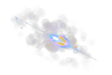 Abstract colorful lens flare PNG, a dynamic light effect with bokeh. Ideal for adding a futuristic glow to digital art, graphic design, and 3D scenes. Vibrant blue, yellow, and purple shine.