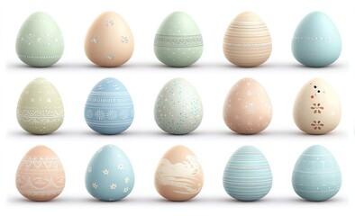 Twelve pastel-colored Easter eggs, various designs