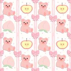 seamless pattern with pink bear bow apple peach, fabric pattern, gift wrapping paper , pillowcase , blanket  , phone case , notebook cover 