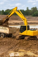 Yellow Excavator Loading Soil into Dump Truck &ndash; Heavy Construction Machinery at Work