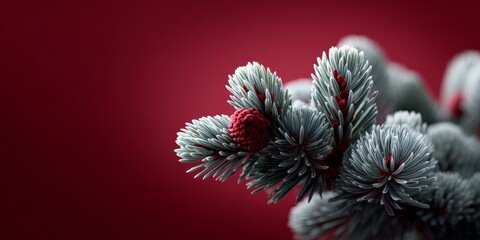Realistic Christmas spruce branch on vibrant red background with festive holiday mood, detailed needles, seasonal decoration concept, winter celebration and traditional evergreen tree atmosphere
