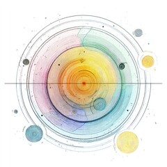 Circular watercolor design with concentric rings, colorful sections, and small, scattered details