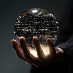 Futuristic ai hand holding encrypted digital sphere, symbolizing advanced data security, cyber defense, and innovative encryption technology for safeguarding sensitive information in the virtual world