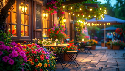 Outdoor caf&eacute; decorated with colorful flowers and a row of warm yellow hanging light bulbs, with a blurred background creating a cozy and inviting atmosphere.