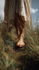 Barefoot walking on green grass showing grounding practice and earth connection perfect for natural wellness therapy and mindful nature experience concept.