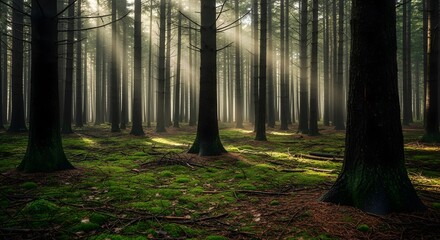 Fototapeta premium Sunbeams filtering through dense forest trees.