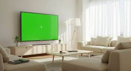 Sunlit modern living room featuring a large television with a chroma key green screen, perfect for streaming service mockups or advertising