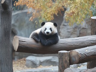 Obraz premium Cute Redpanda Comfortably Lying on Large Wooden Beam Looking Forward Autumn Yellow-Orange Leaves Calm Nature Scene