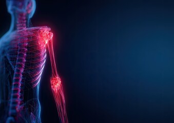 3D anatomical illustration of shoulder and upper arm, highlighted with pain/inflammation