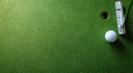 Golf putting green with ball and putter