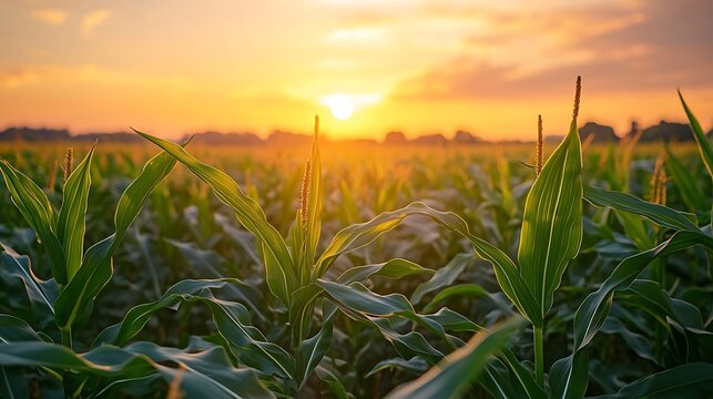 A cornfield at sunset with the sun shining through the clouds and the corn stalks in the foreground