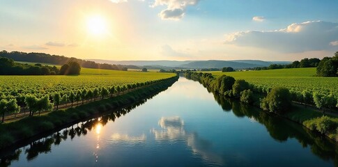 Serene view of the Dordogne River, a tributary of the Gironde, winding through the Bordeaux vineyards Sunlight glistens on the water, reflecting the surrounding landscape , riverbank, vines