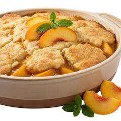 Golden peach cobbler topped with fluffy biscuits and fresh mint