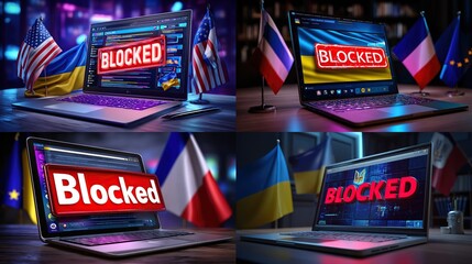 Cyberwarfare Laptops blocked with political flags symbolizing international online restrictions