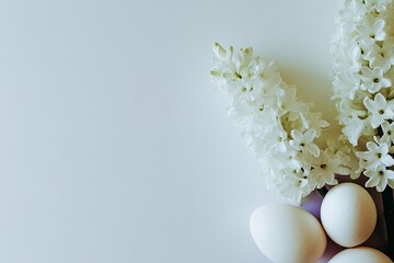 White hyacinths and eggs on a light background